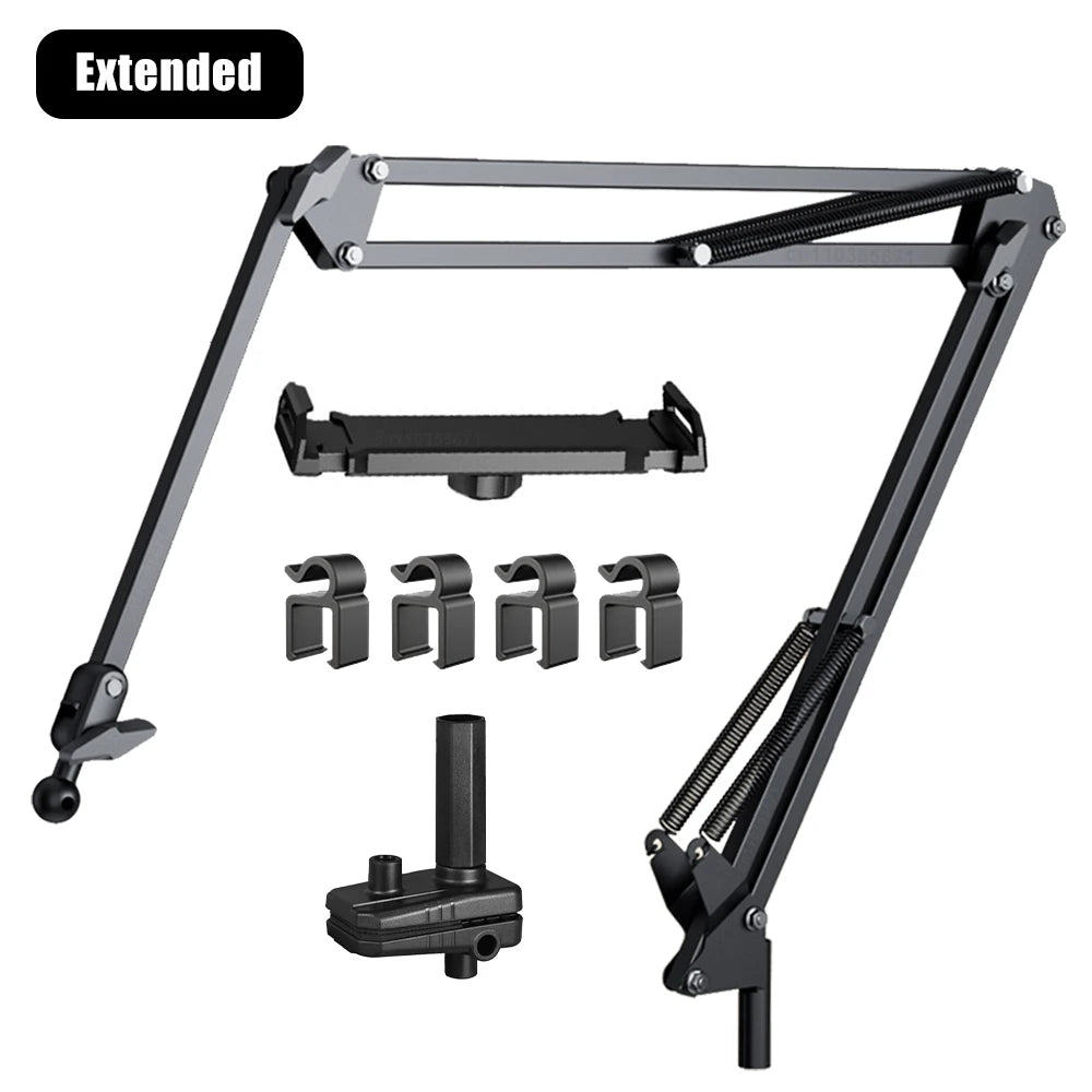 Black adjustable arm stand with multiple attachments on a white background