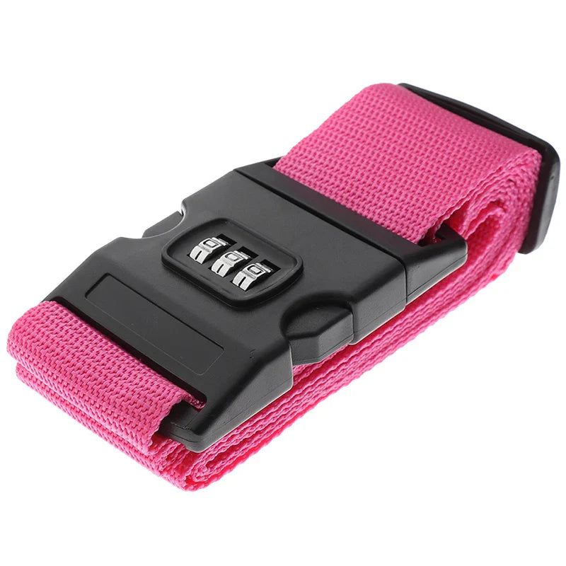 Pink luggage strap with a black combination lock on a white background