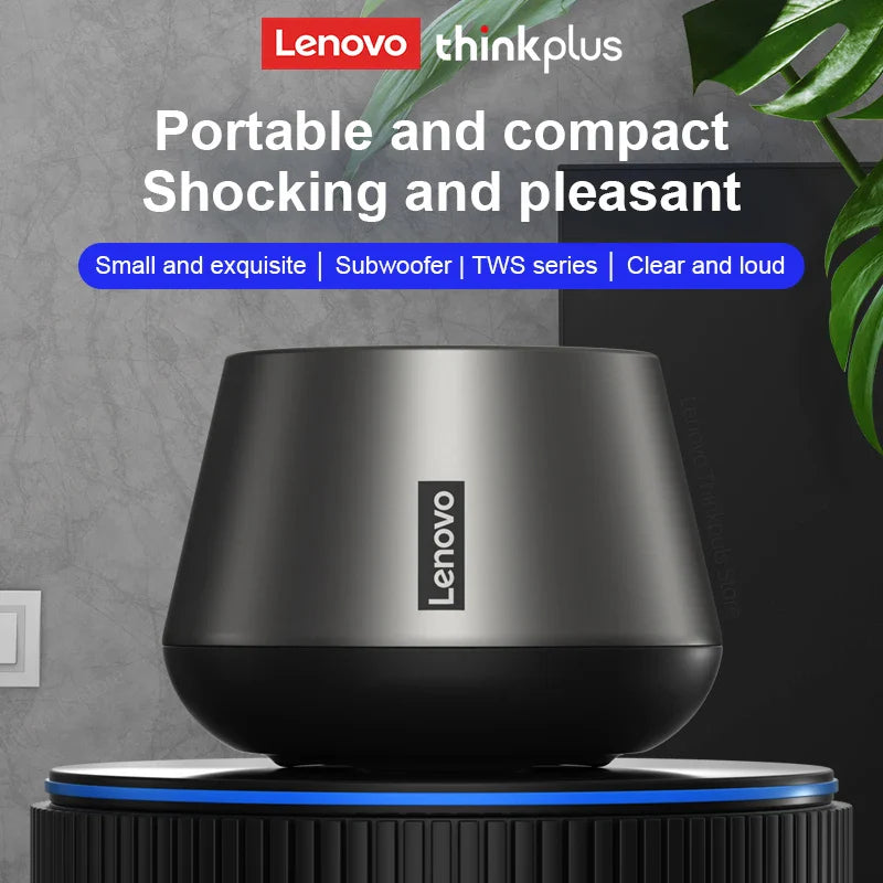 Lenovo portable speaker with branding and product features on a gray background