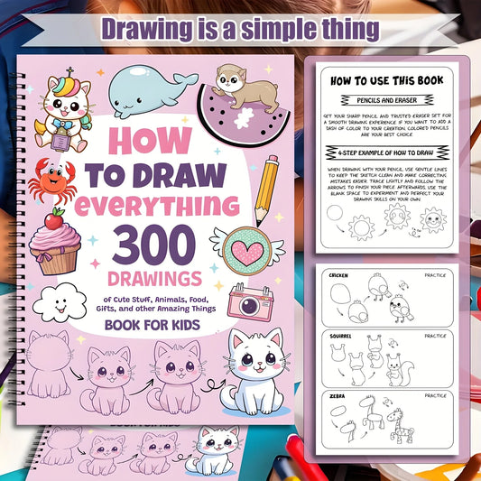Children's drawing book with examples and instructions on a pink background