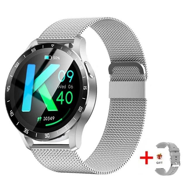 Smartwatch with metal mesh band on a white background
