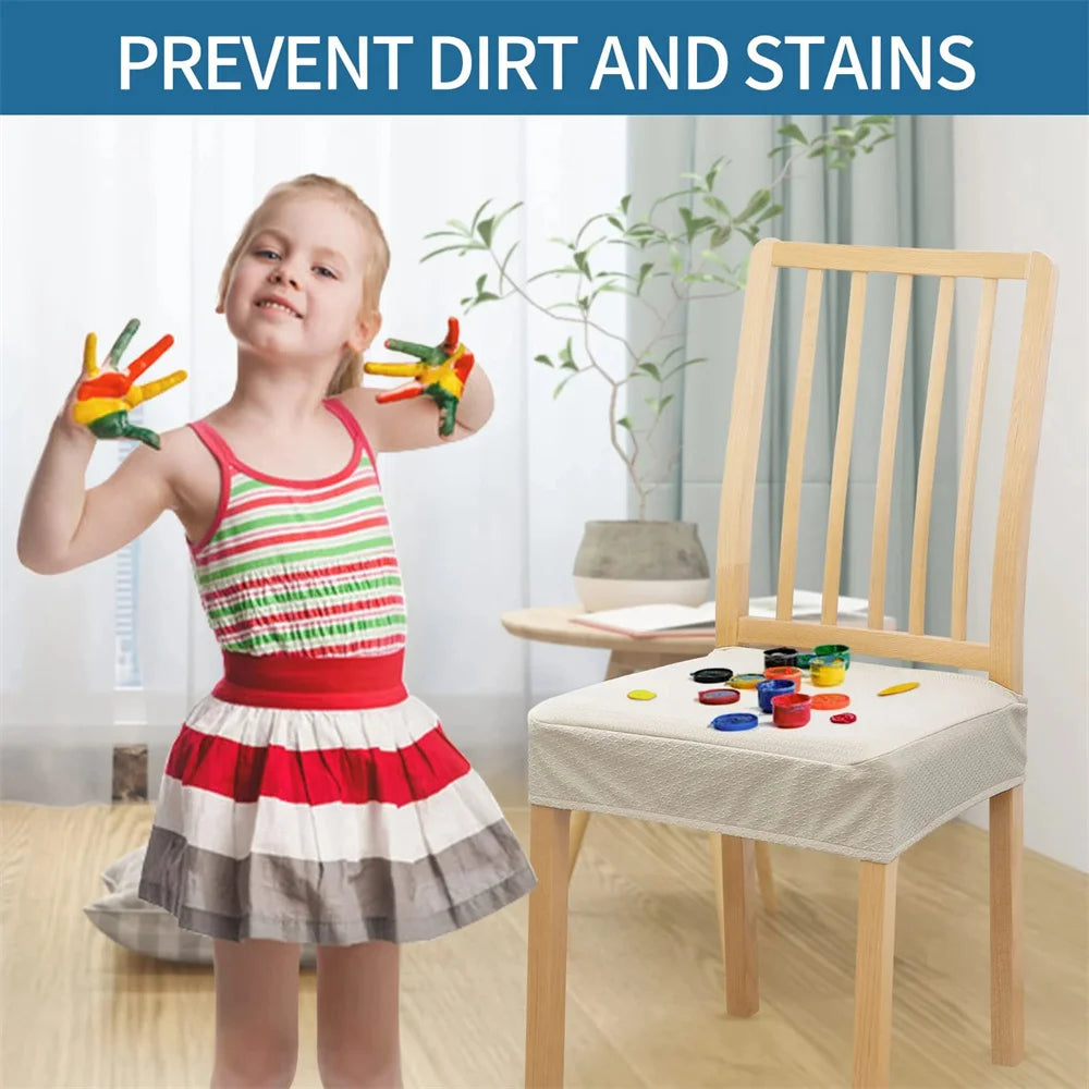 Child with paint-covered hands next to a chair with a protective cover, emphasizing stain prevention.