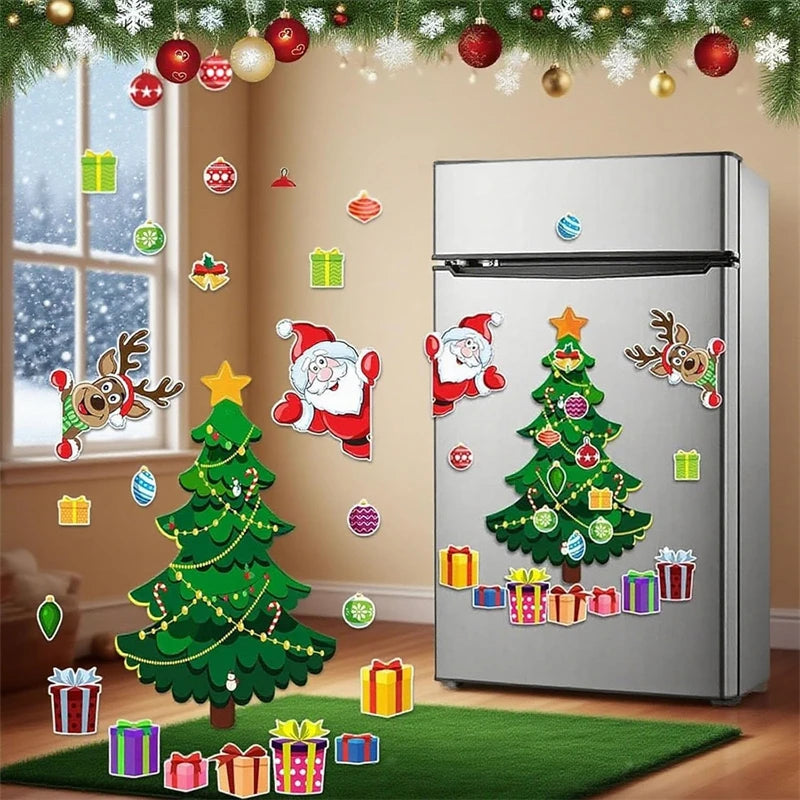 Decorative Christmas stickers on a refrigerator and window in a room with festive decorations.