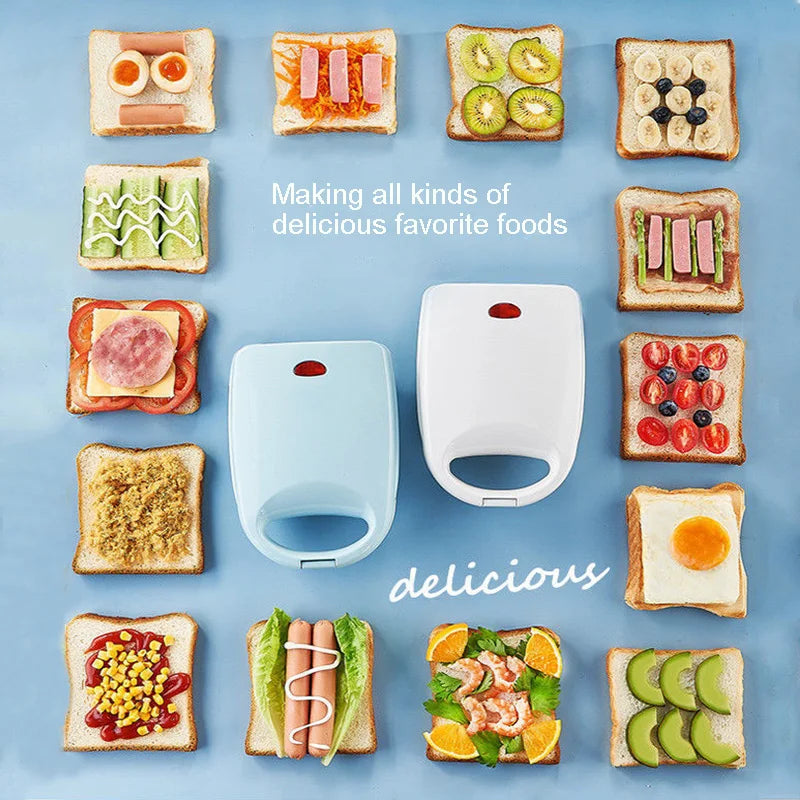 Toasting machine with various sandwich creations on a blue background