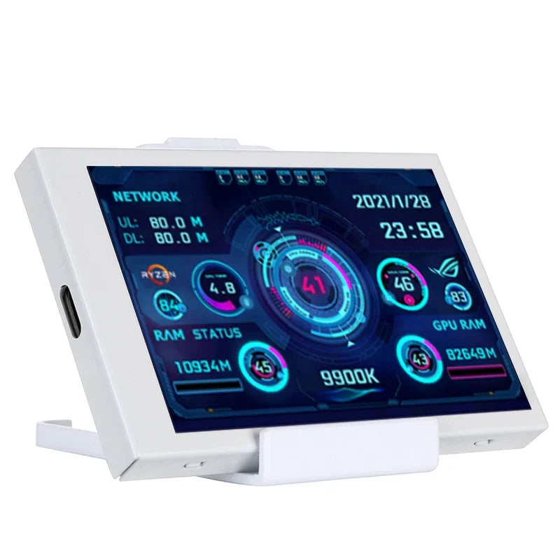 Digital display with network and system metrics on a white background