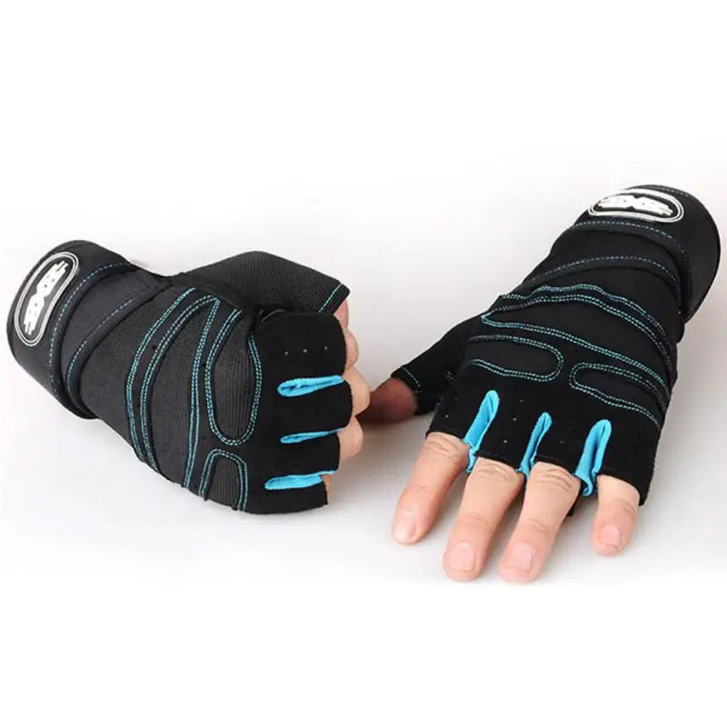 Black and blue half-finger gloves on a white background
