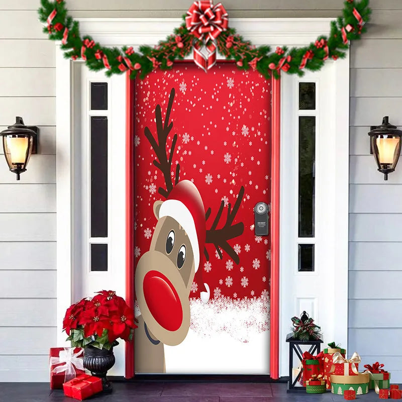 Decorative Christmas door with a reindeer design and festive decorations.