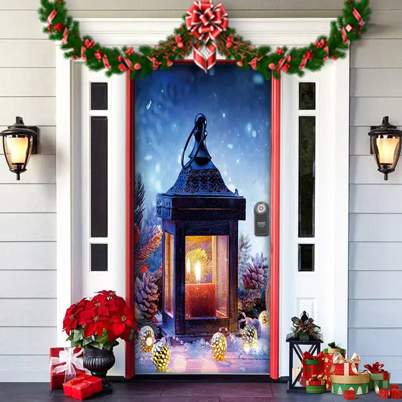 Decorative door with Christmas-themed mural of a lantern and wreath above it.