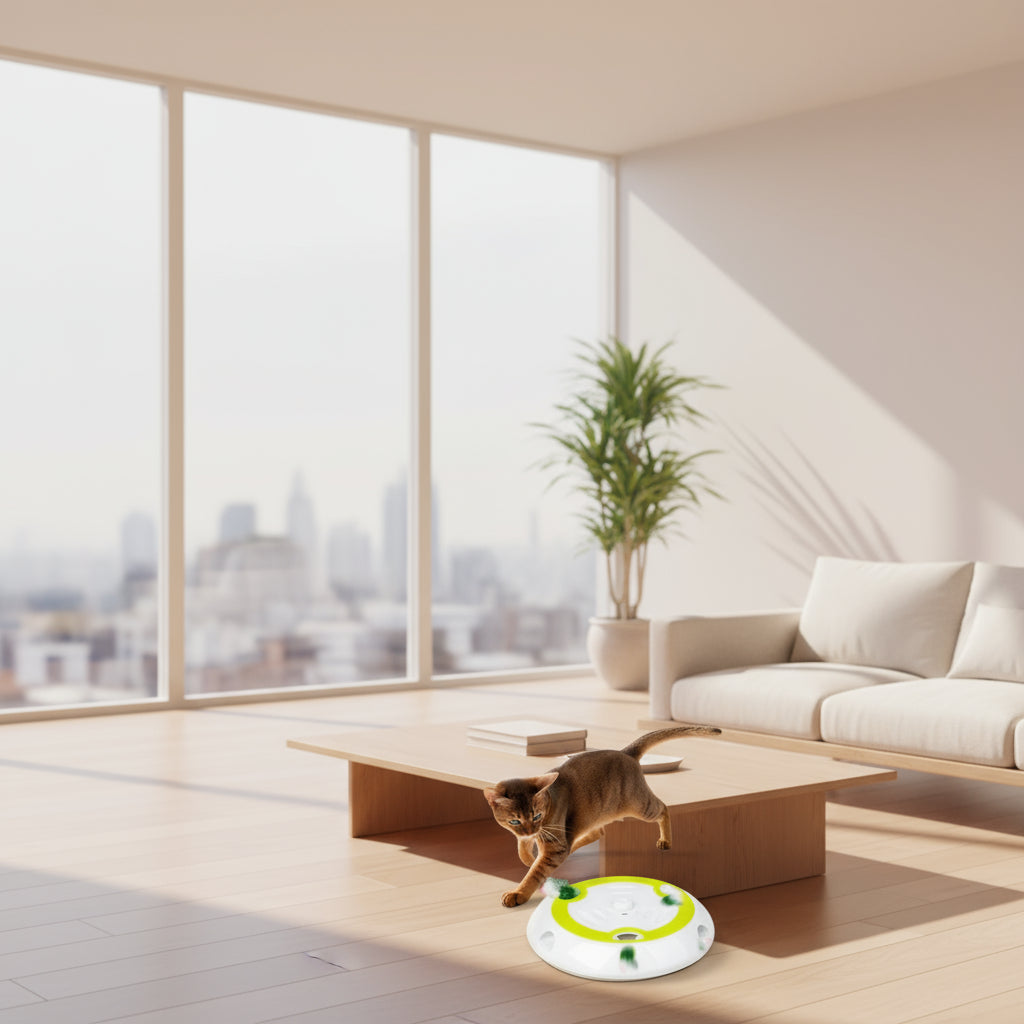 Cat playing with a toy on a wooden floor
