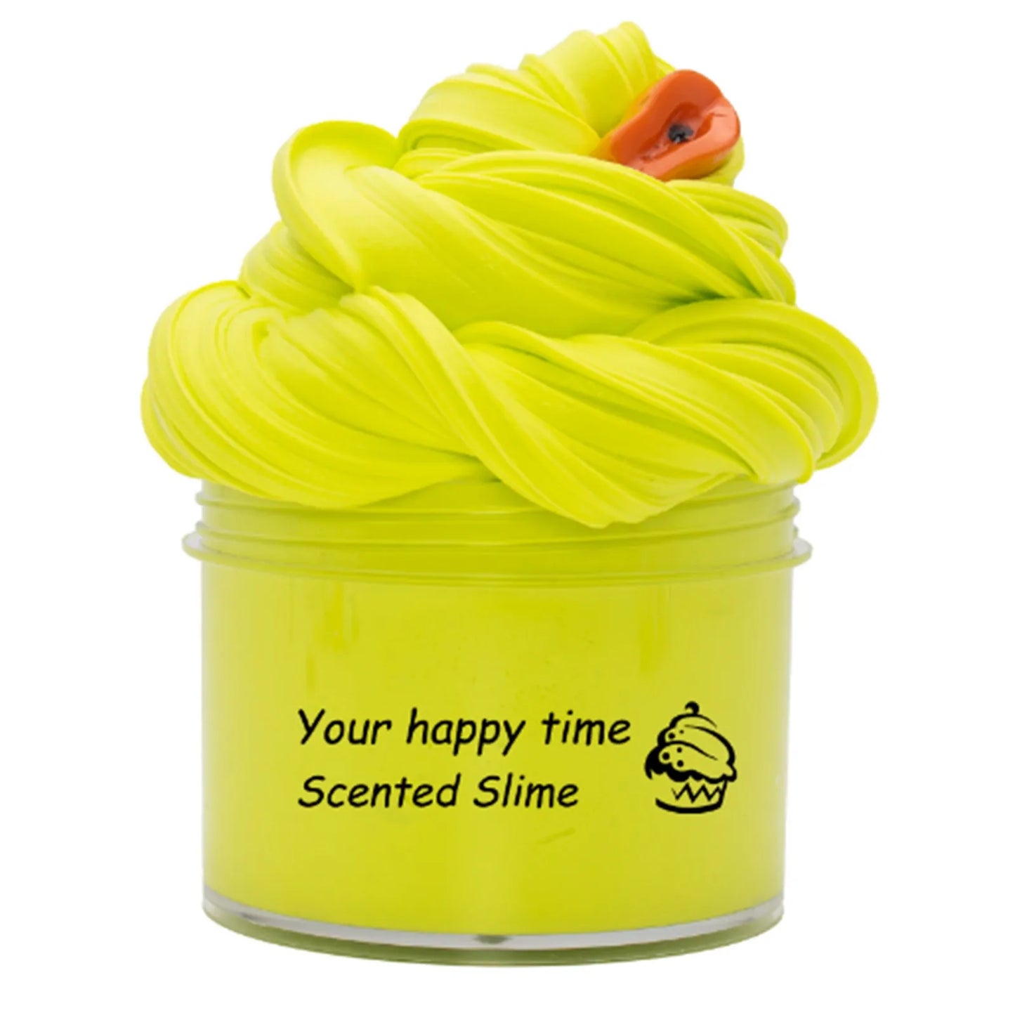 Yellow scented slime in a container with text on a white background