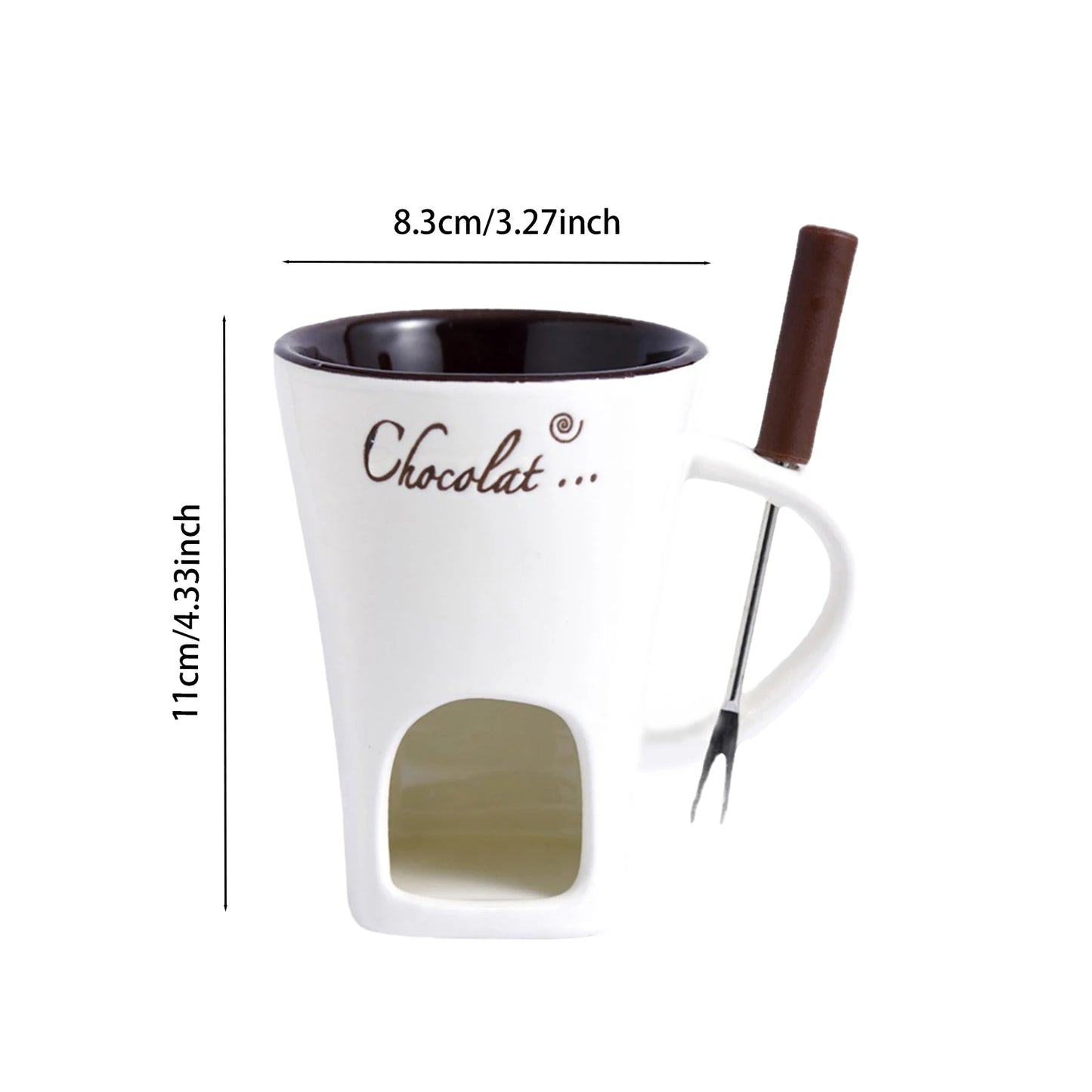 White mug with chocolate-themed design and measurements on a white background