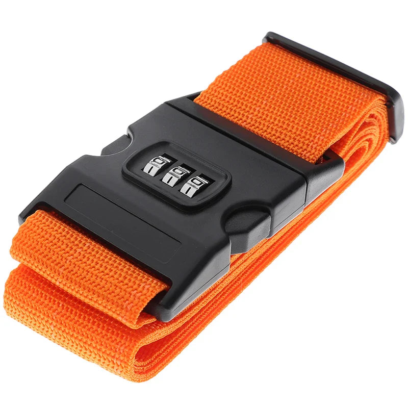 Orange luggage strap with a black combination lock on a white background