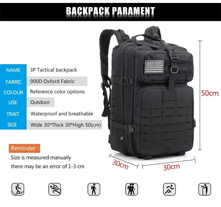 Black tactical backpack with American flag patch and measurement details on a white background