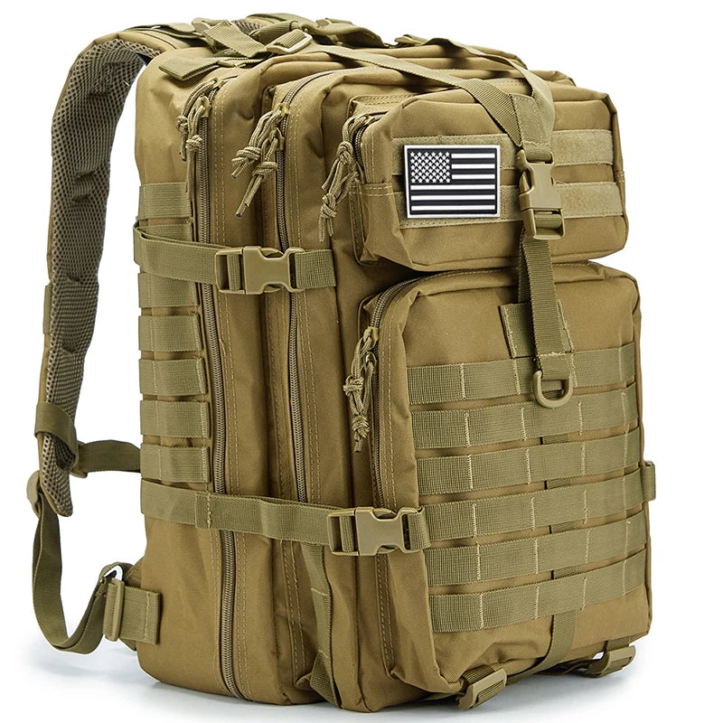 Tan tactical backpack with American flag patch on a white background