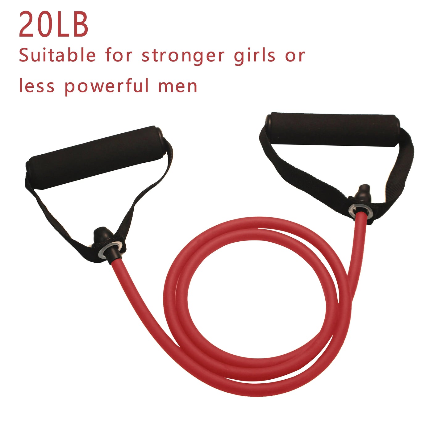 Red resistance band with black handles on a white background, labeled '20LB Suitable for stronger girls or less powerful men'.
