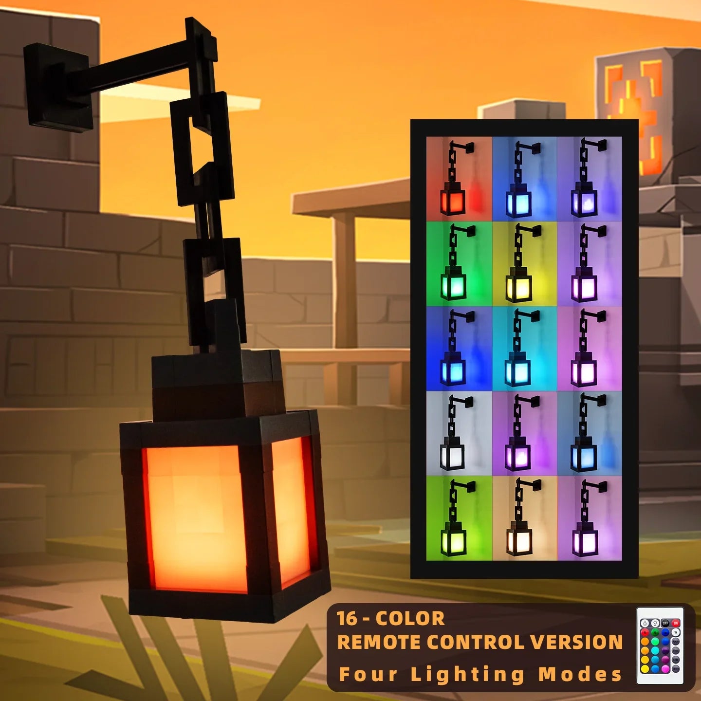 Colorful LED lamp with remote control in a Minecraft-style setting