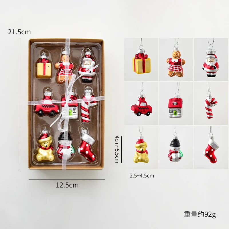 Set of Christmas-themed ornaments in a box with measurements and additional images of the ornaments.