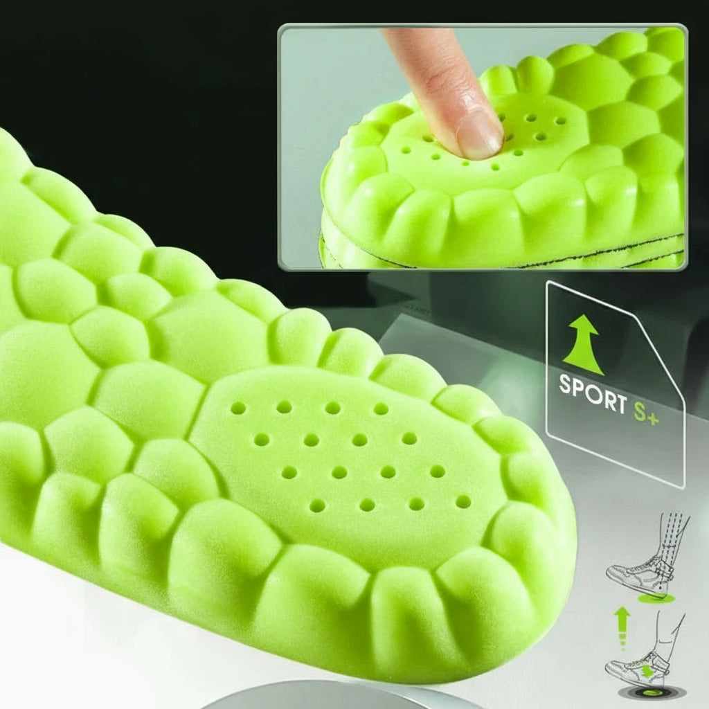 Green shock-absorbing pad with text highlighting its features on a black background