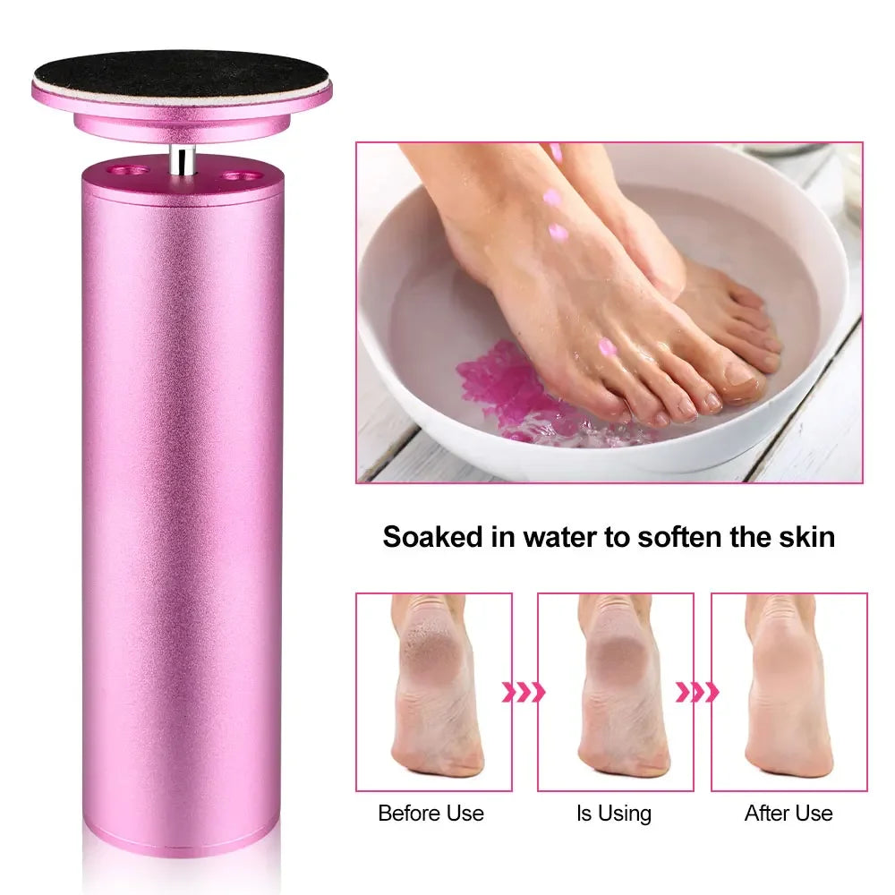 Pink foot care device with images showing its use on feet and before/after effects.