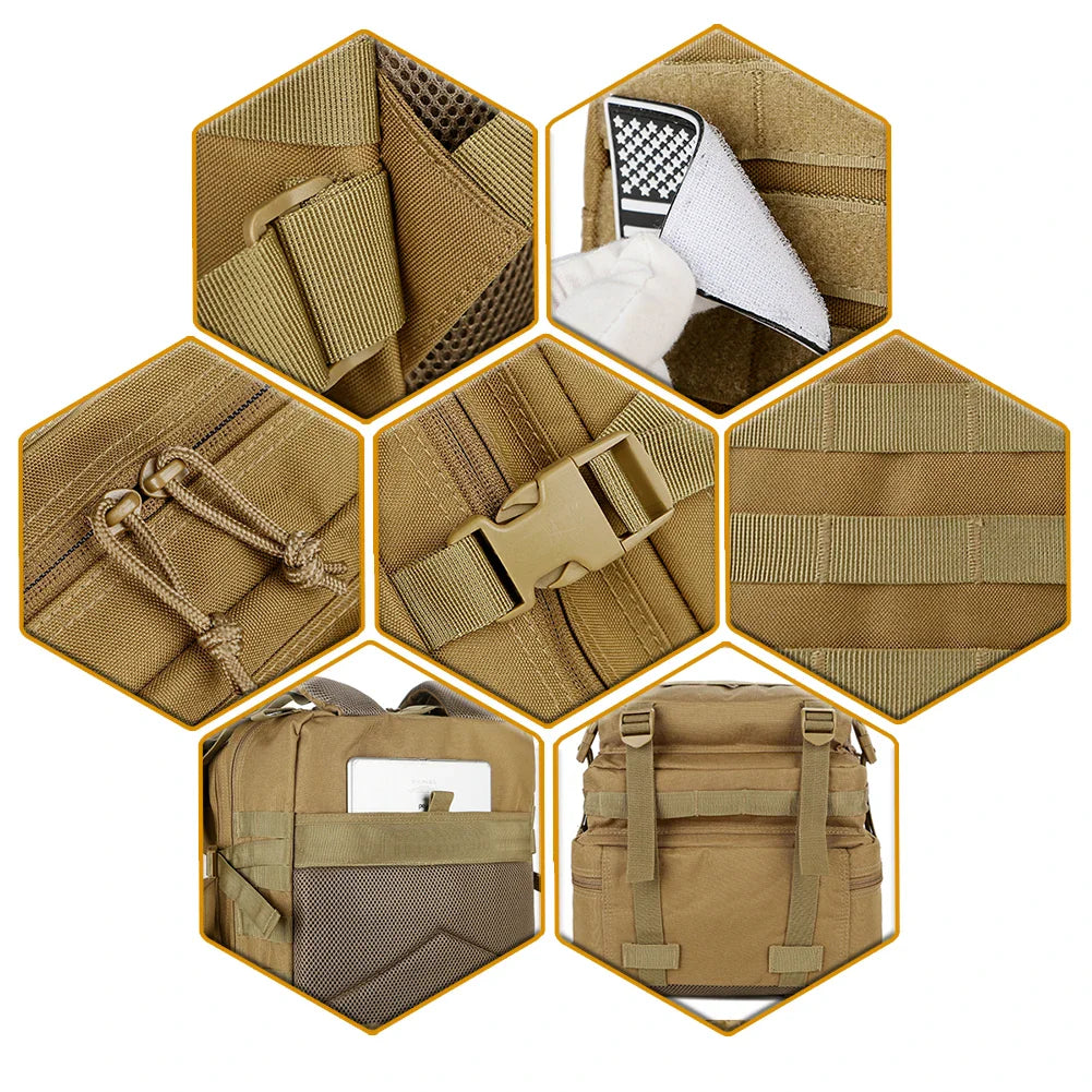 Hexagonal grid showing various tactical pouches and gear with a focus on functionality and design.