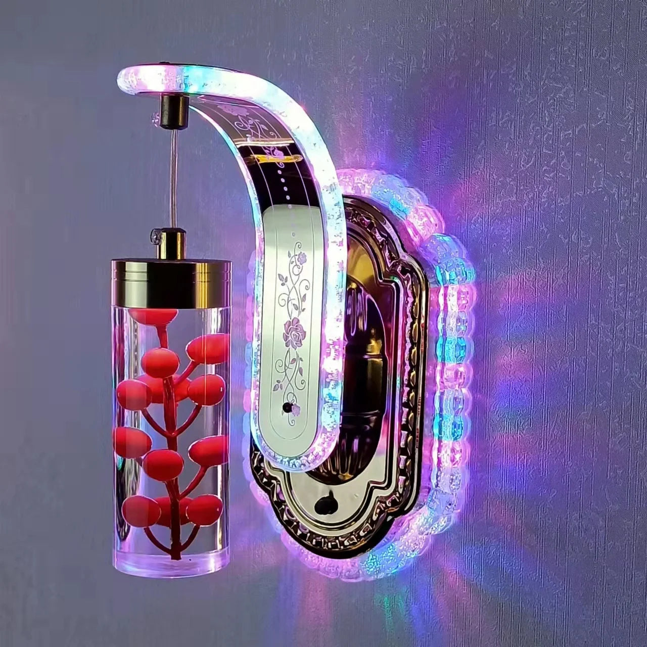 Decorative wall light with LED strip and red berry design on a gray background