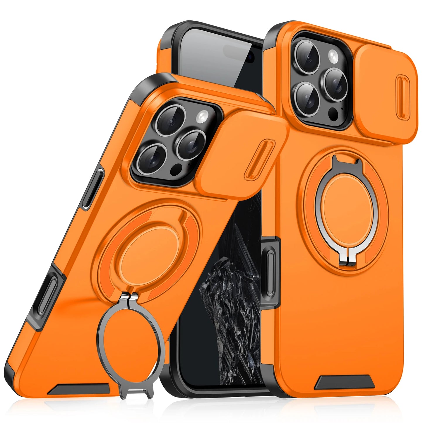 Orange phone case with ring holder on a white background