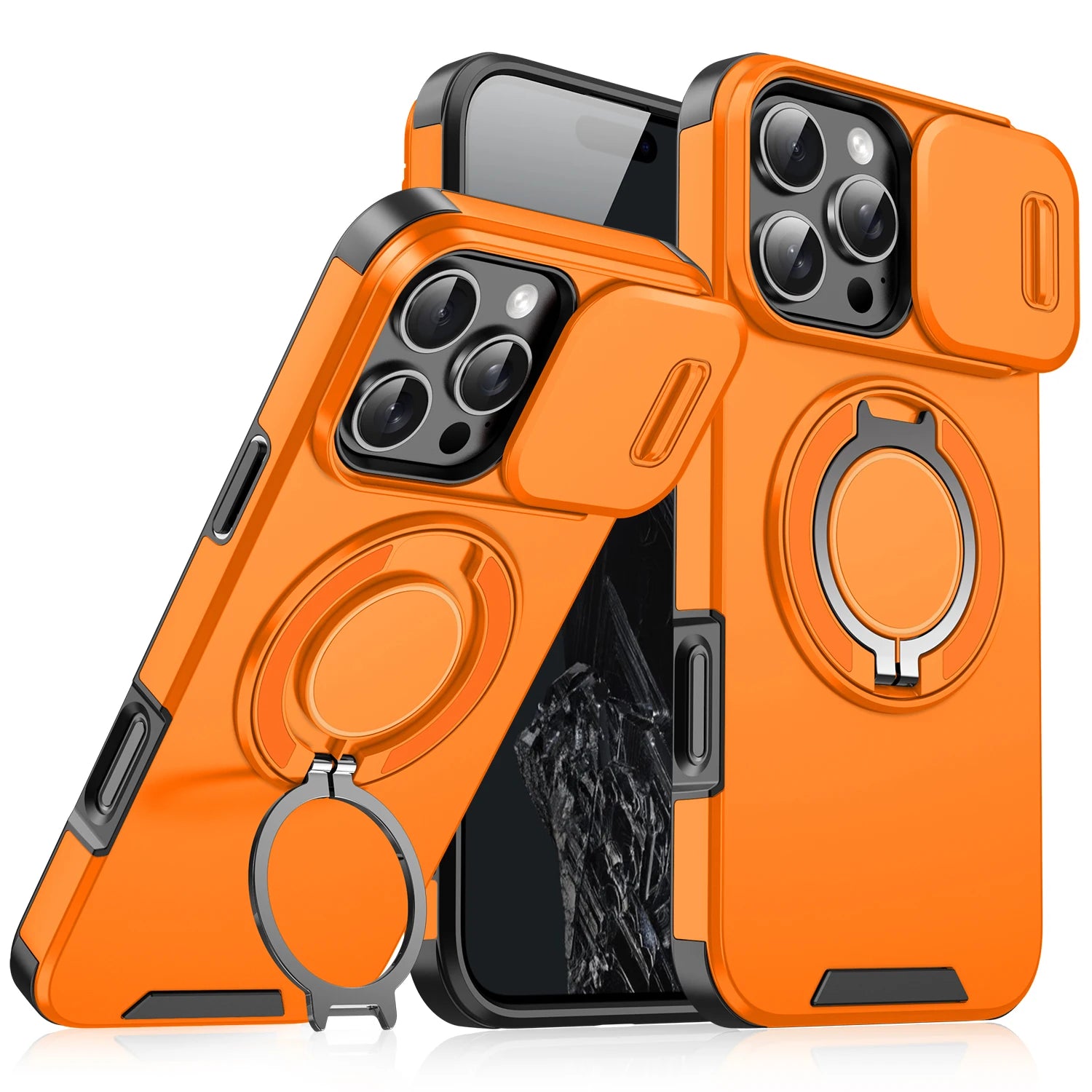 Orange phone case with ring holder on a white background