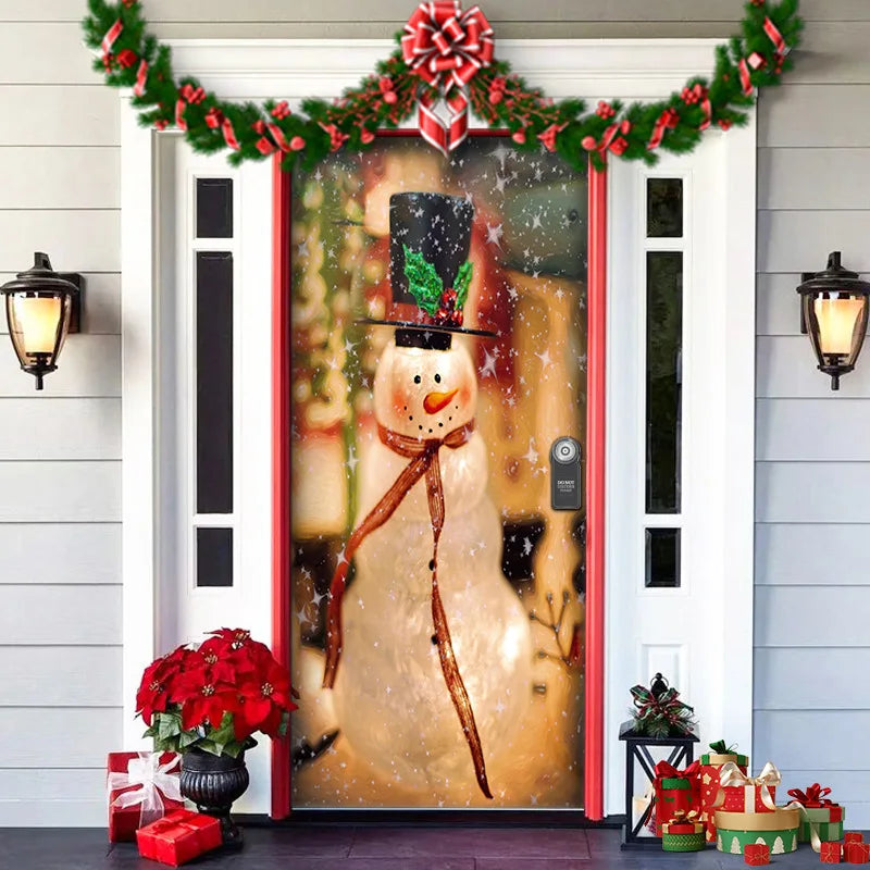 Decorative door with a snowman design, surrounded by Christmas decorations on a house exterior.