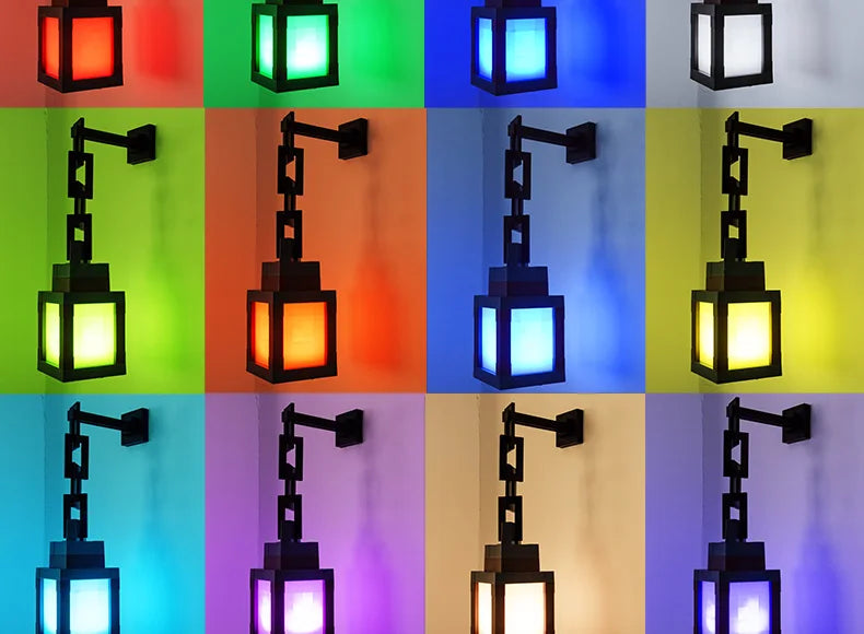 Wall-mounted lamp with colorful light display on a grid background