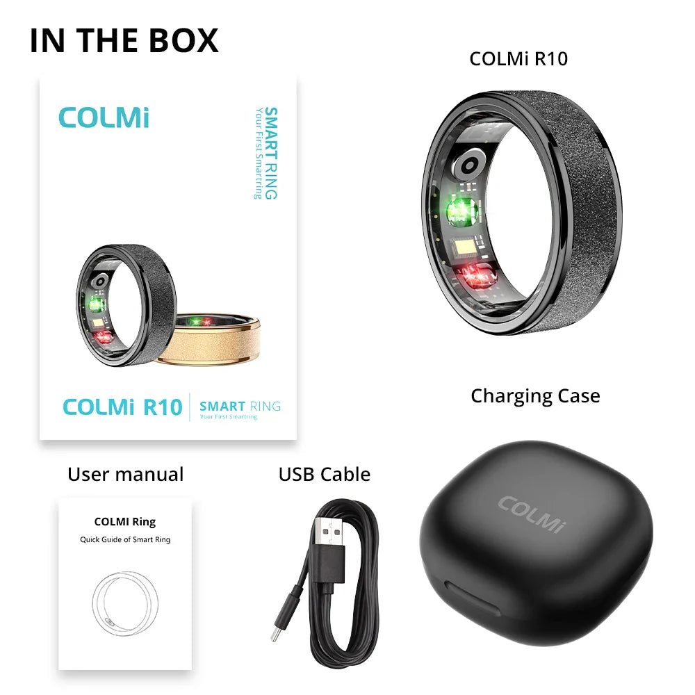 COLMi R10 smart ring with packaging, charging case, USB cable, and user manual on a white background.
