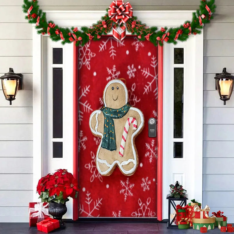 Decorative door with gingerbread man design, red background, and festive decorations.