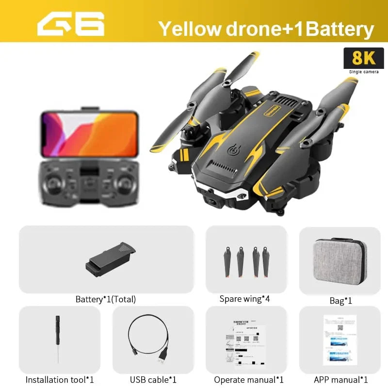 Yellow drone with controller and accessories on a white background