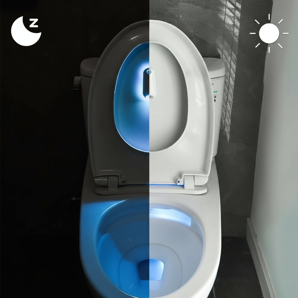 Toilet with automatic sensor switch showing light activation in dark and non-activation in light conditions.