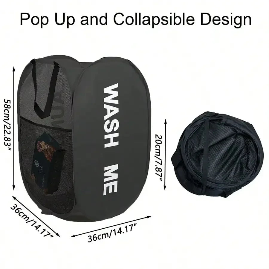 Pop-up and collapsible washing bag with 'WASH ME' text, shown open and folded, with dimensions displayed.
