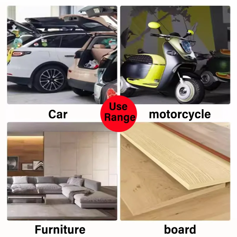 Collage of a car, motorcycle, furniture, and board with labels indicating use range.