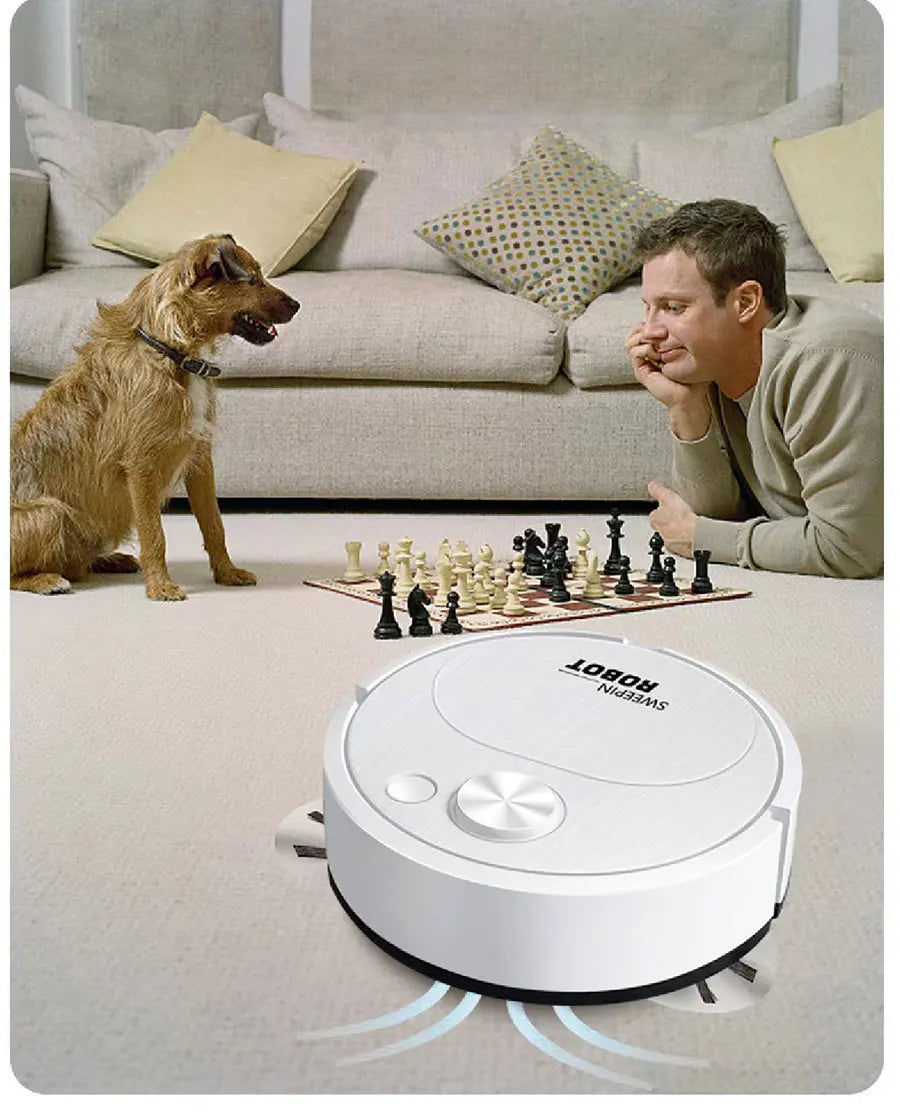 Man playing chess with a dog, robot vacuum cleaner on the floor