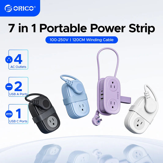 7-in-1 portable power strip with multiple outlets and ports on a light blue background