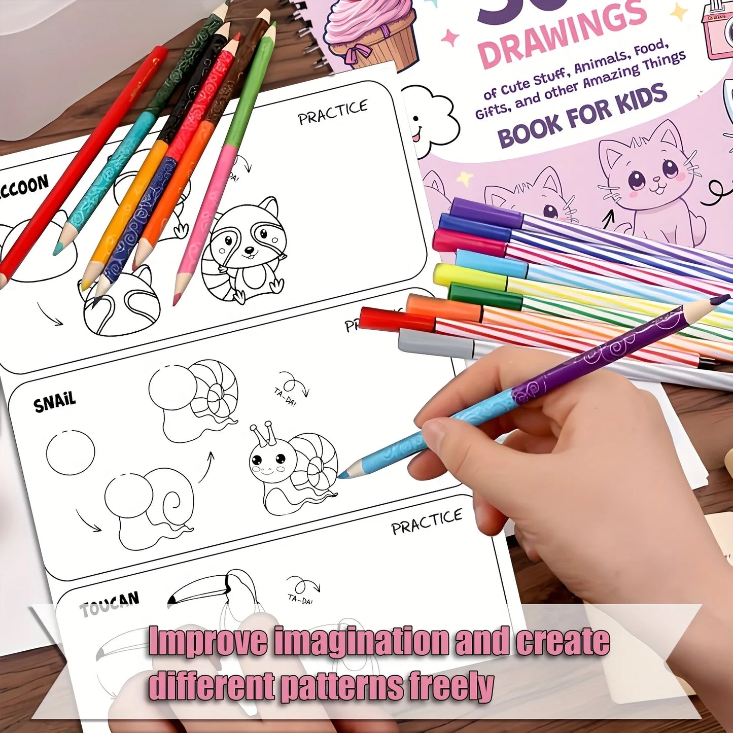 Coloring book for kids with pencils and a hand holding a pencil over a page.