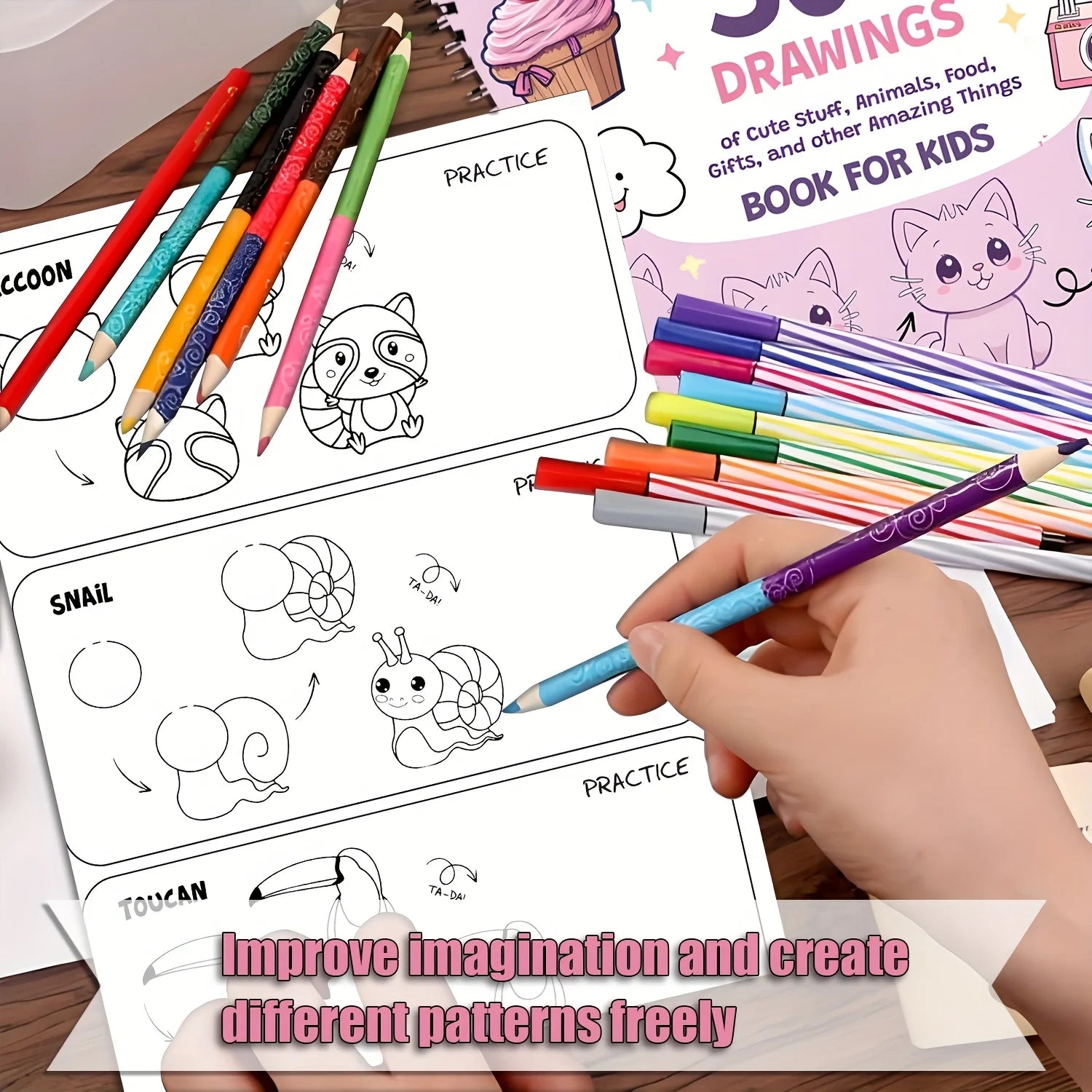 Coloring book for kids with pencils and a hand holding a pencil over a page.
