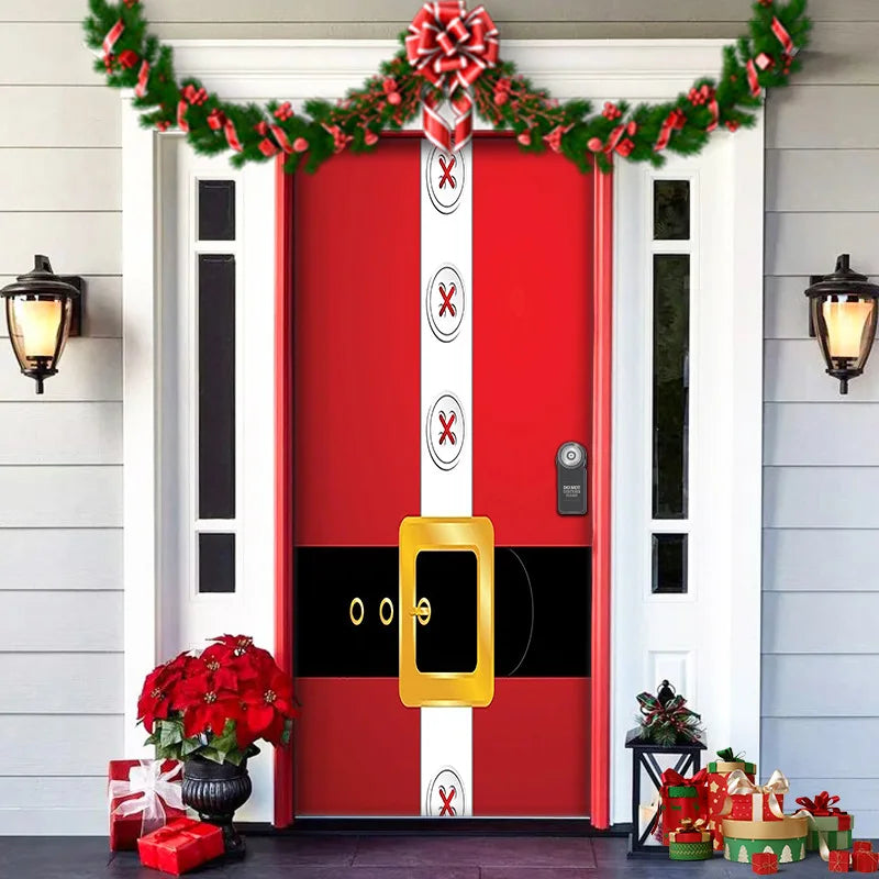 Decorative door with Santa Claus costume design, Christmas garland, and presents.