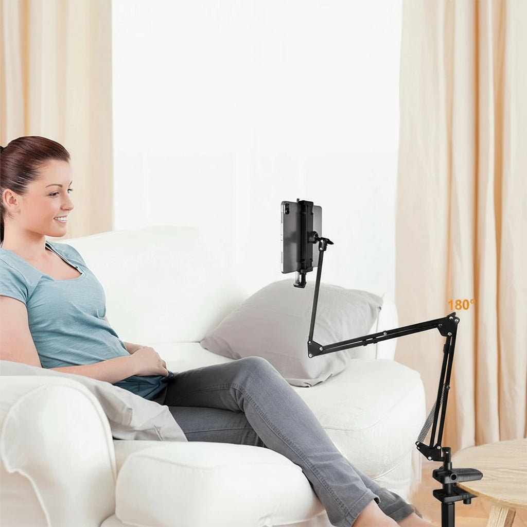 Woman sitting on a couch using a multi-angle adjustable arm device with text highlighting its features.