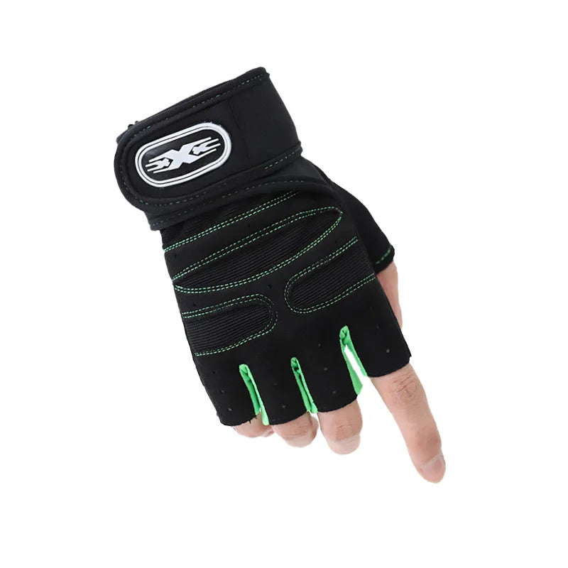 Black half-finger glove with green accents on a white background