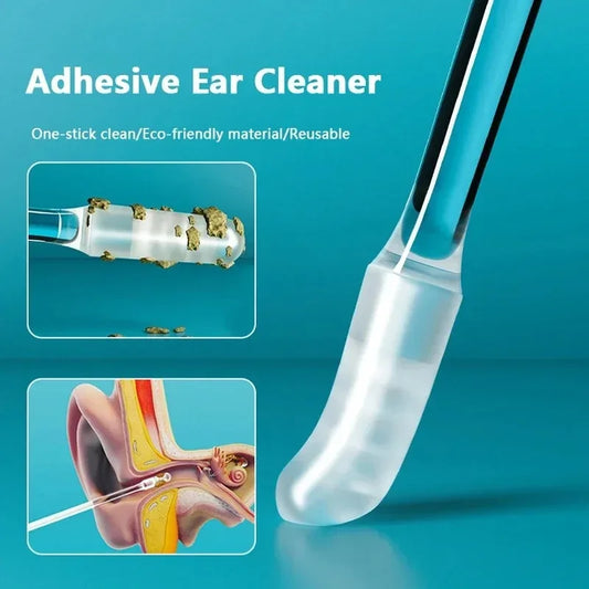 Adhesive ear cleaner with illustrations of use on a blue background