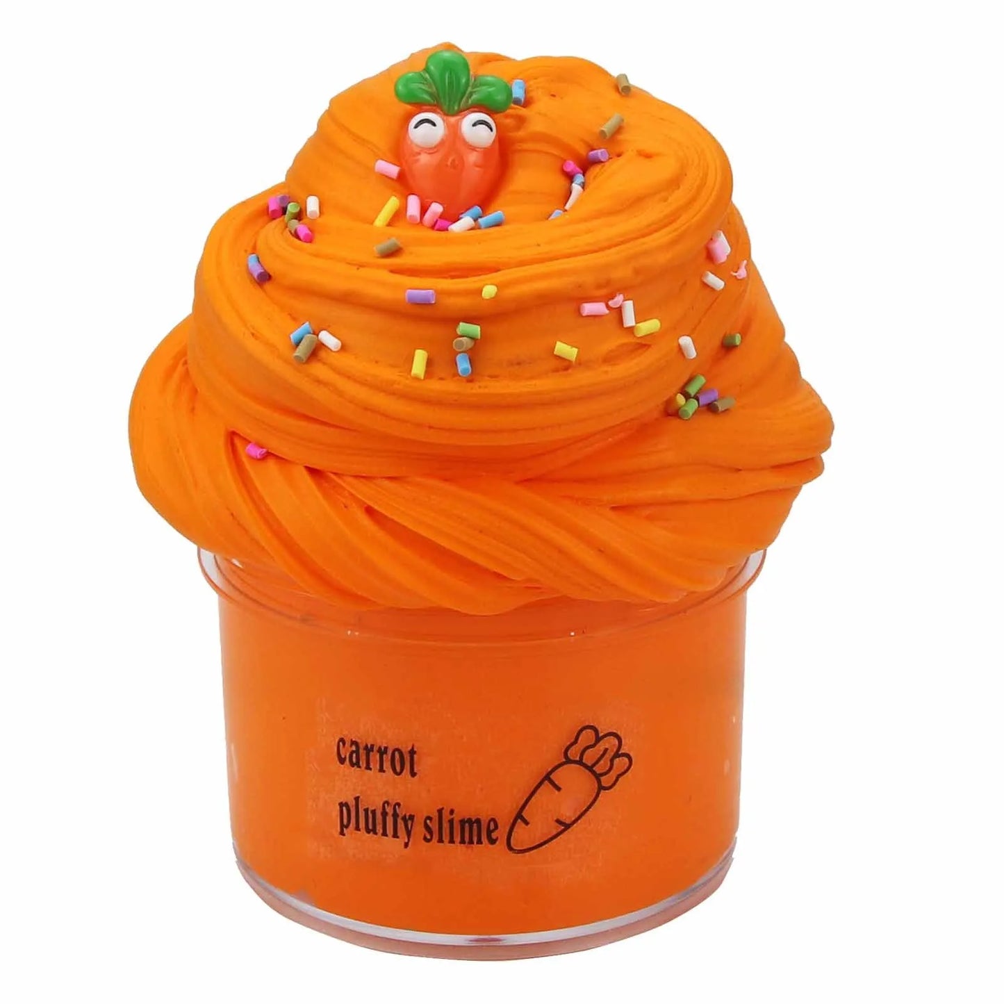 Orange pluffy slime with a small carrot figure on top, labeled 'carrot pluffy slime'.
