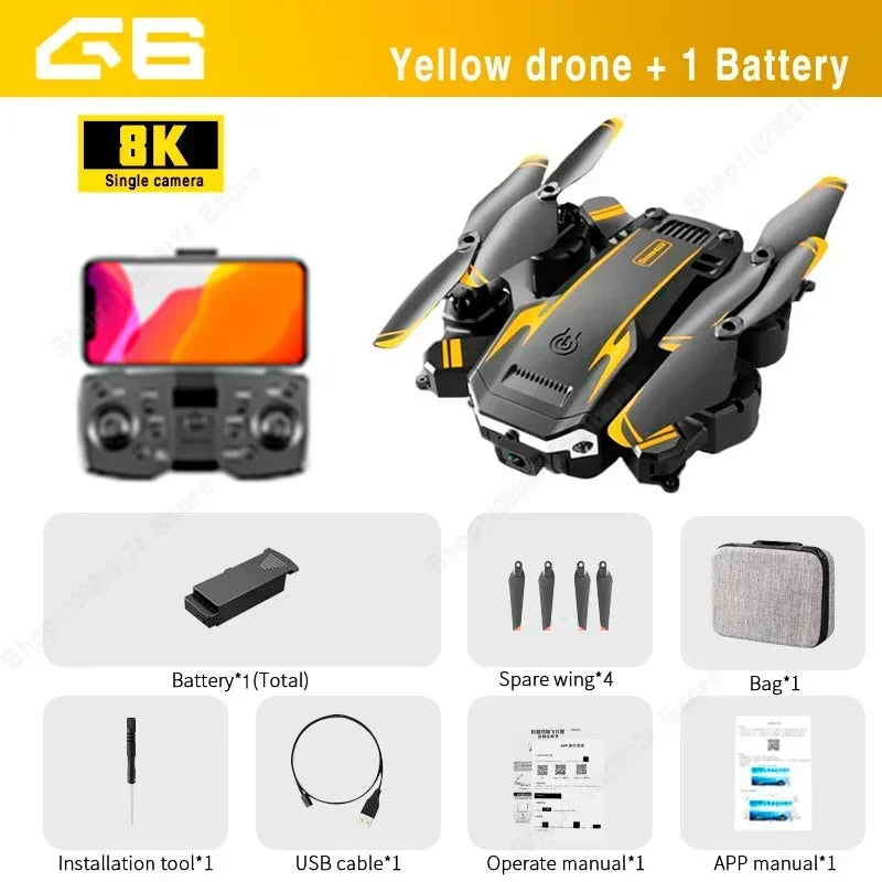 Yellow drone with accessories on a white background