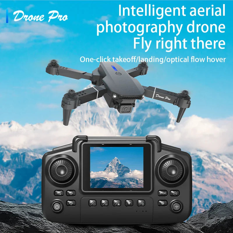 Drone Pro intelligent aerial photography drone with controller against a mountainous landscape background