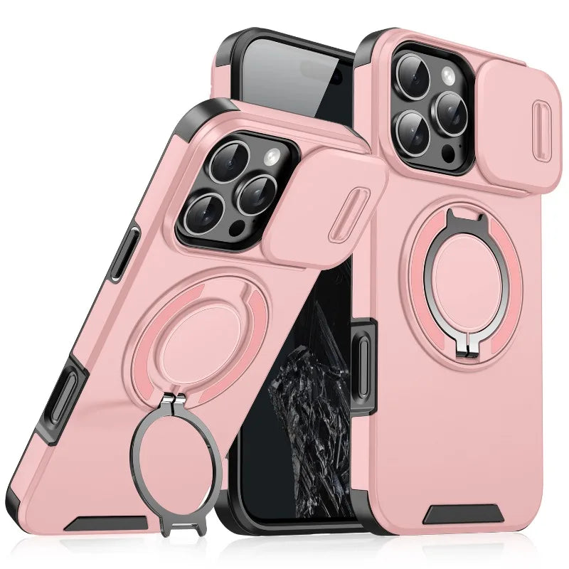 Pink phone case with ring holder on a white background