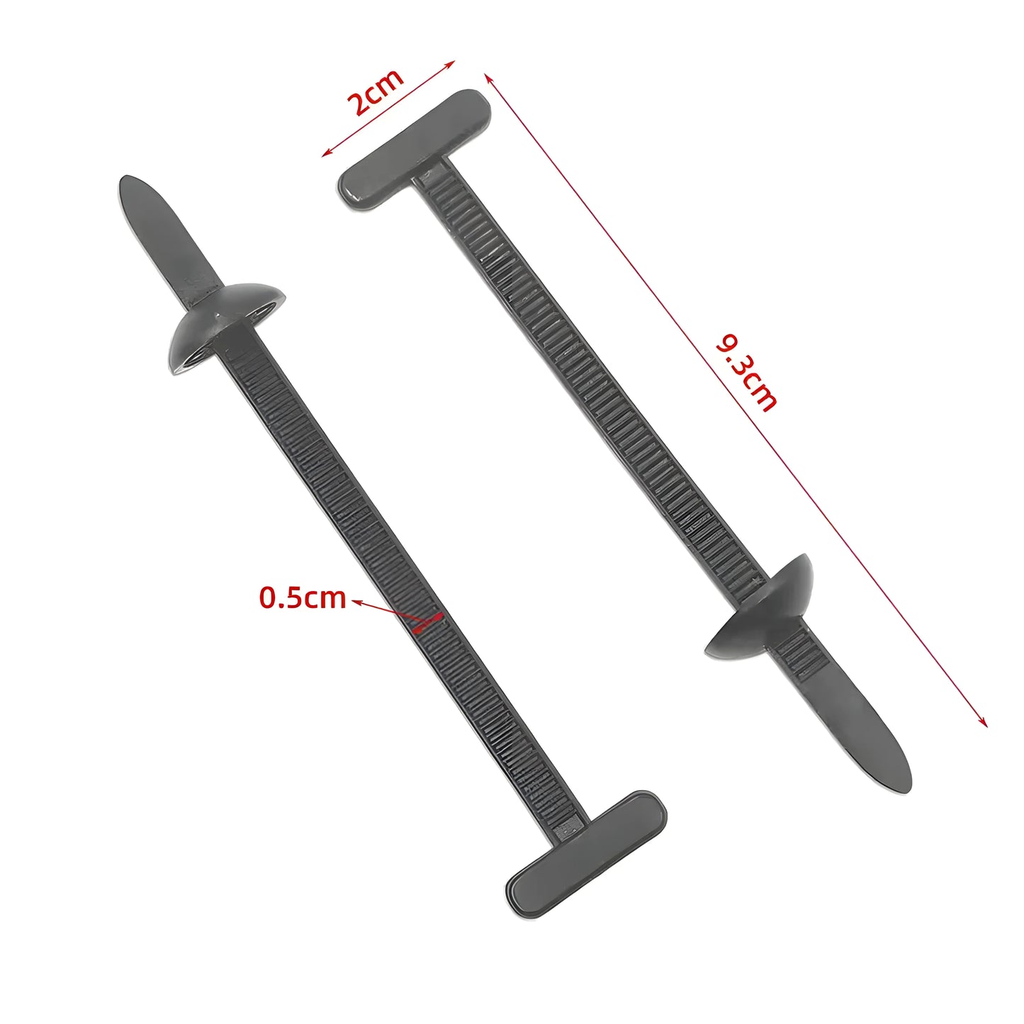Two black plastic straps with measurements on a white background