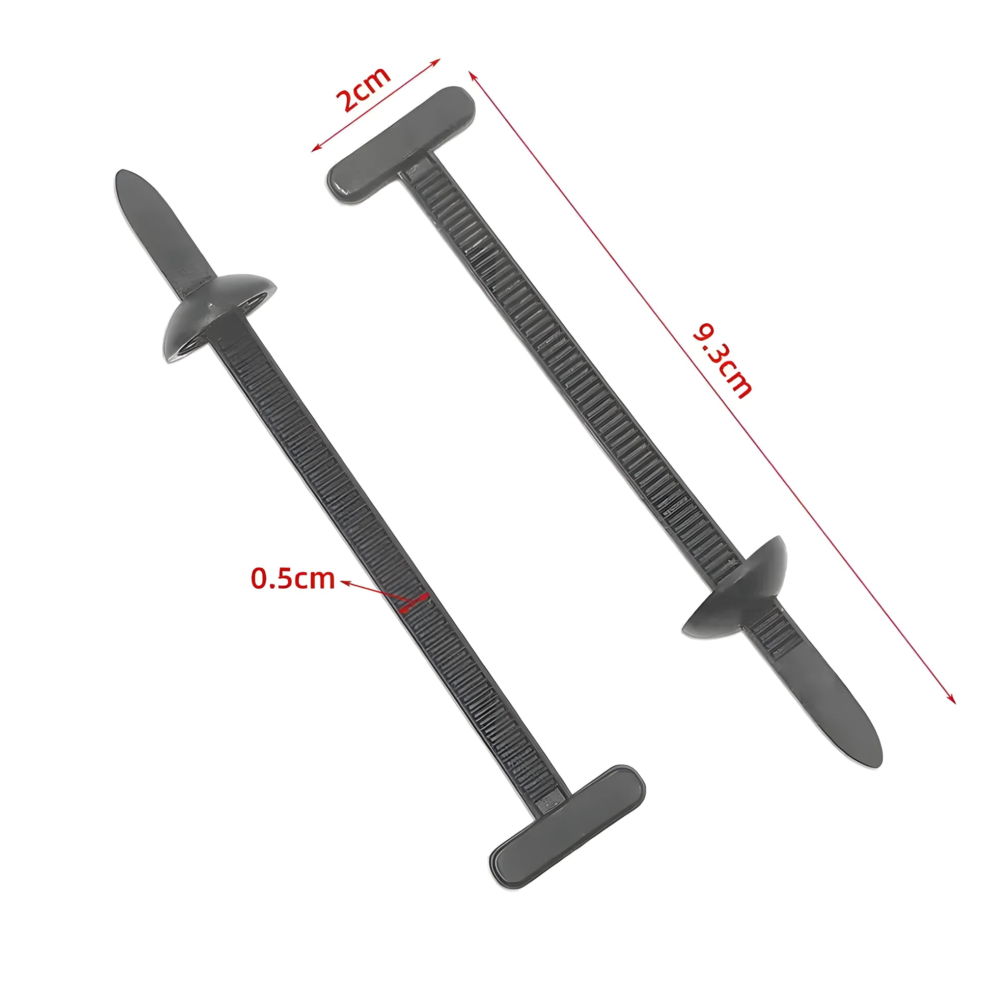 Two black plastic straps with measurements on a white background