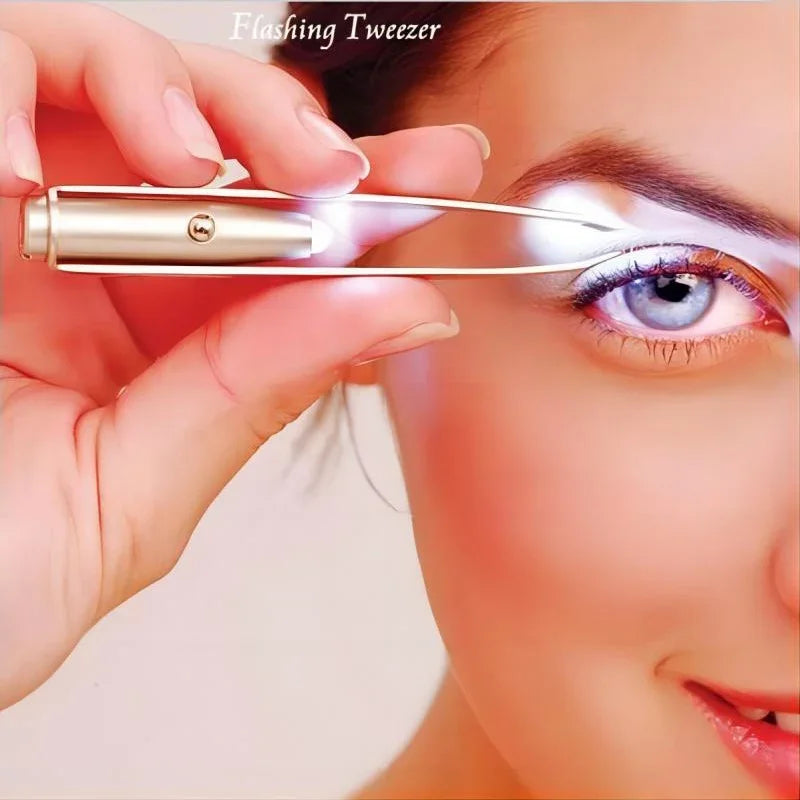 Person using a grooming tool on their eyebrow with a close-up of the eye.
